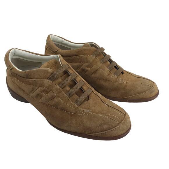 Hogan Women's Logo Suede Slip-On Shoes Sneakers Tan Camel Size 35.5 (US 5) Italy - Picture 1 of 12